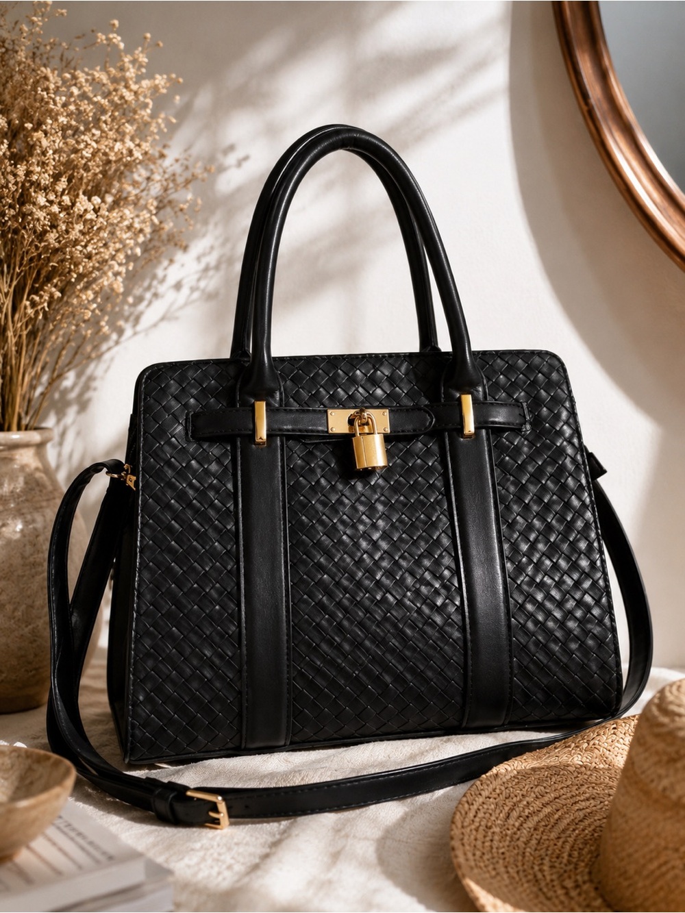 Black Woven Satchel Tote Bag Gold Lock Top Handle Crossbody Purse